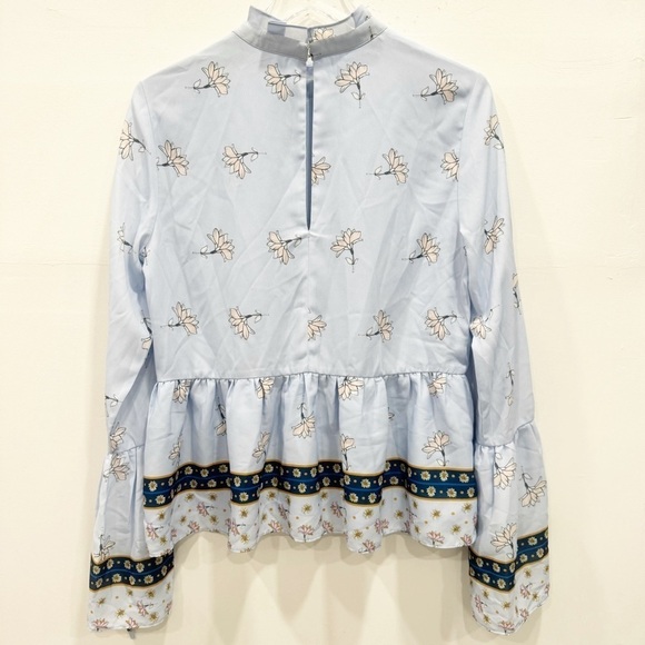 Endless Rose Blue Floral Peplum Blouse Top Cutout Tie Bell Sleeve Large *flawed* - Picture 2 of 9